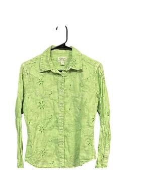 Ryan Michael linen Western shirt S lime green eyelet embroidered pearl snap